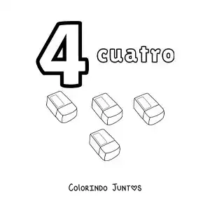 Desenho para colorir de ficha do número 4 para aprender a contar com desenhos divertidos