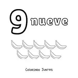 Desenho para colorir de ficha do número 9 para aprender a contar com desenhos divertidos