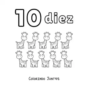 Desenho para colorir de ficha do número 10 para aprender a contar com desenhos divertidos