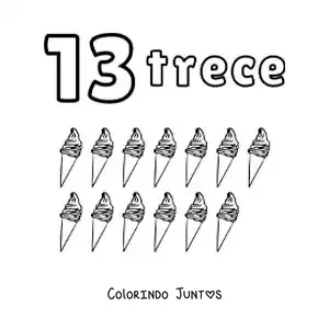 Desenho para colorir de ficha do número 13 para aprender a contar com desenhos divertidos