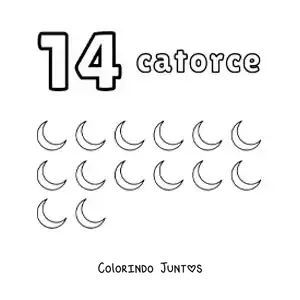 Desenho para colorir de ficha do número 14 para aprender a contar com desenhos divertidos