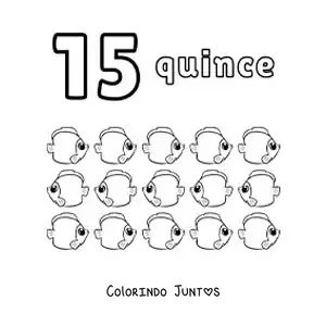 Desenho para colorir de ficha do número 15 para aprender a contar com desenhos divertidos