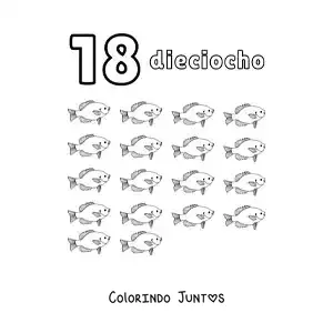 Desenho para colorir de ficha do número 18 para aprender a contar com desenhos divertidos