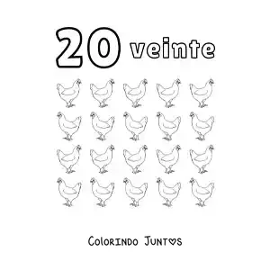 Desenho para colorir de ficha do número 20 para aprender a contar com desenhos divertidos