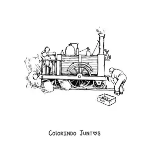 Desenho para colorir de dois homens testando uma locomotiva antiga