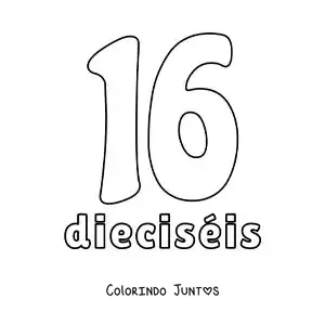 Desenho para colorir de ficha do número 16 para aprender os números naturais