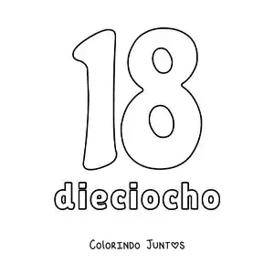 Desenho para colorir de ficha do número 18 para aprender os números naturais
