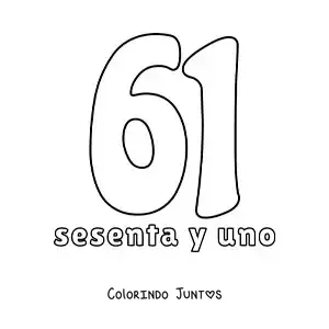 Desenho para colorir de ficha do número 61 para aprender os números naturais