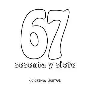 Desenho para colorir de ficha do número 67 para aprender os números naturais