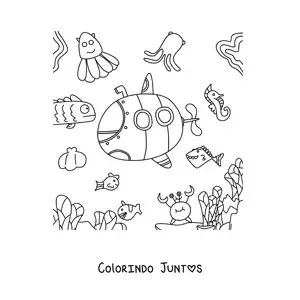 Desenho para colorir de um submarino cercado de peixes animados