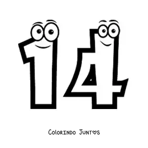Desenho para colorir do número 14 animado para crianças