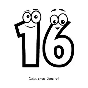 Desenho para colorir do número 16 animado para crianças