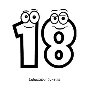 Desenho para colorir do número 18 animado para crianças