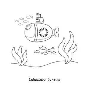 Desenho para colorir de um submarino animado no fundo do mar