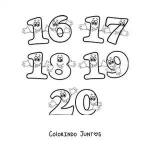 Desenho para colorir dos números de 16 a 20 animados para crianças