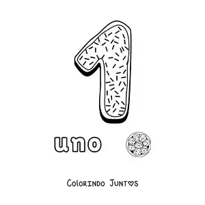 Desenho para colorir do número 1 animado em forma de biscoito com objetos para contar