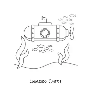 Desenho para colorir de um submarino alongado animado no fundo do mar