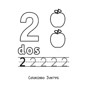 Desenho para colorir do número 2 com objetos para aprender a contar e traçar