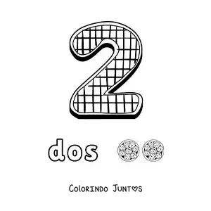Desenho para colorir do número 2 animado em forma de biscoito com objetos para contar