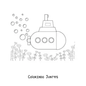 Desenho para colorir de um submarino no fundo do mar com bolhas e peixes