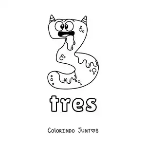Desenho para colorir do número 3 em forma de monstro animado de Halloween