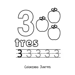 Desenho para colorir do número 3 com objetos para aprender a contar e traçar