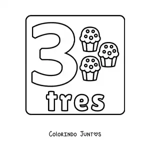Desenho para colorir do número 3 com objetos para aprender a contar