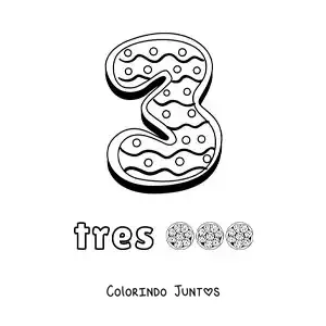 Desenho para colorir do número 3 animado em forma de biscoito com objetos para contar