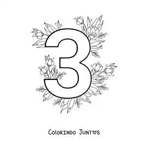 Desenho para colorir do número 3 decorado com flores