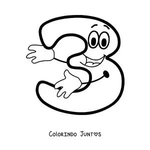 Desenho para colorir do número 3 animado dançando para crianças