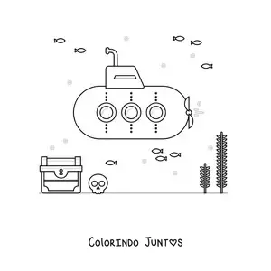 Desenho para colorir de um submarino no fundo do mar ao lado de um tesouro