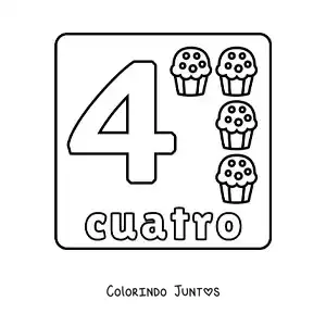 Desenho para colorir do número 4 com objetos para aprender a contar