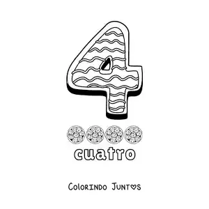 Desenho para colorir do número 4 animado em forma de biscoito com objetos para contar