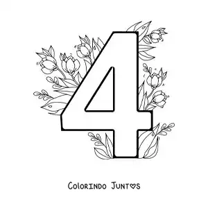 Desenho para colorir do número 4 decorado com flores