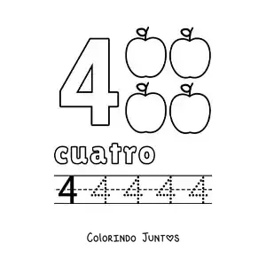 Desenho para colorir do número 4 com objetos para aprender a contar e traçar