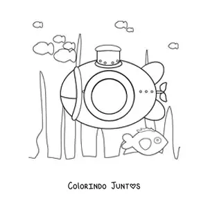 Desenho para colorir de um submarino entre algas no fundo do oceano