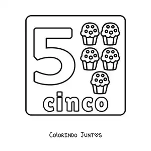 Desenho para colorir do número 5 com objetos para aprender a contar e traçar