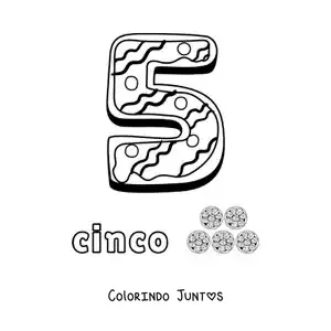 Desenho para colorir do número 5 animado em forma de biscoito com objetos para contar