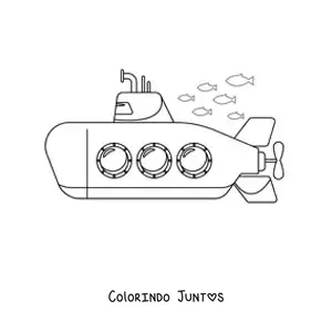 Desenho para colorir de um submarino com tres janelas cercado de peixes