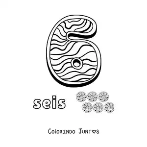Desenho para colorir do número 6 animado em forma de biscoito com objetos para contar