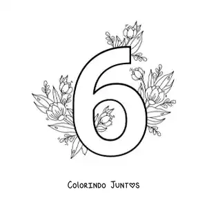 Desenho para colorir do número 6 decorado com flores