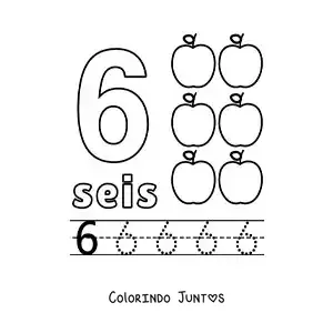 Desenho para colorir do número 6 com objetos para aprender a contar e traçar