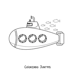 Desenho para colorir de um submarino de tres janelas junto a um cardume de peixes