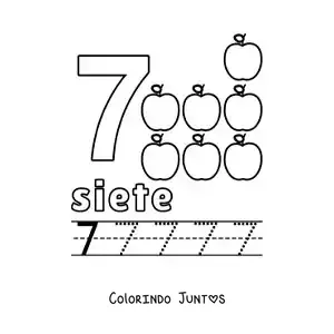 Desenho para colorir do número 7 com objetos para aprender a contar e traçar