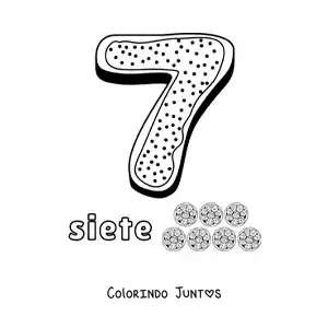Desenho para colorir do número 7 animado em forma de biscoito com objetos para contar