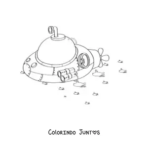 Desenho para colorir de um submarino redondo junto a varios peixes
