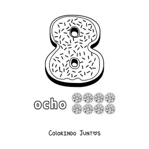 Desenho para colorir do número 8 animado em forma de biscoito com objetos para contar