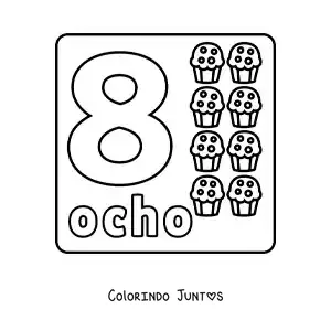 Desenho para colorir do número 8 com objetos para aprender a contar