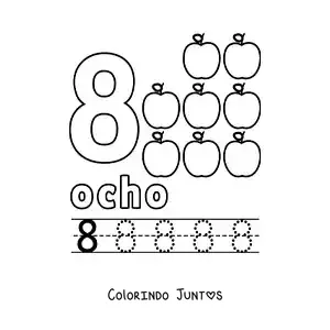 Desenho para colorir do número 8 com objetos para aprender a contar e traçar