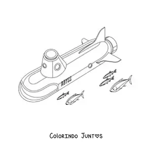 Desenho para colorir de um submarino alongado junto a varios peixes